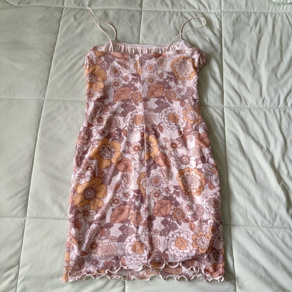 Forever 21 Yellow Beige Spaguetti Strap Floral Y2K Bodycon Mini Dress Size S - Picture 5 of 5